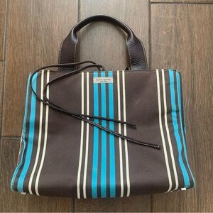 Kate Spade Blue & Brown Vertical Striped Canvas Satchel